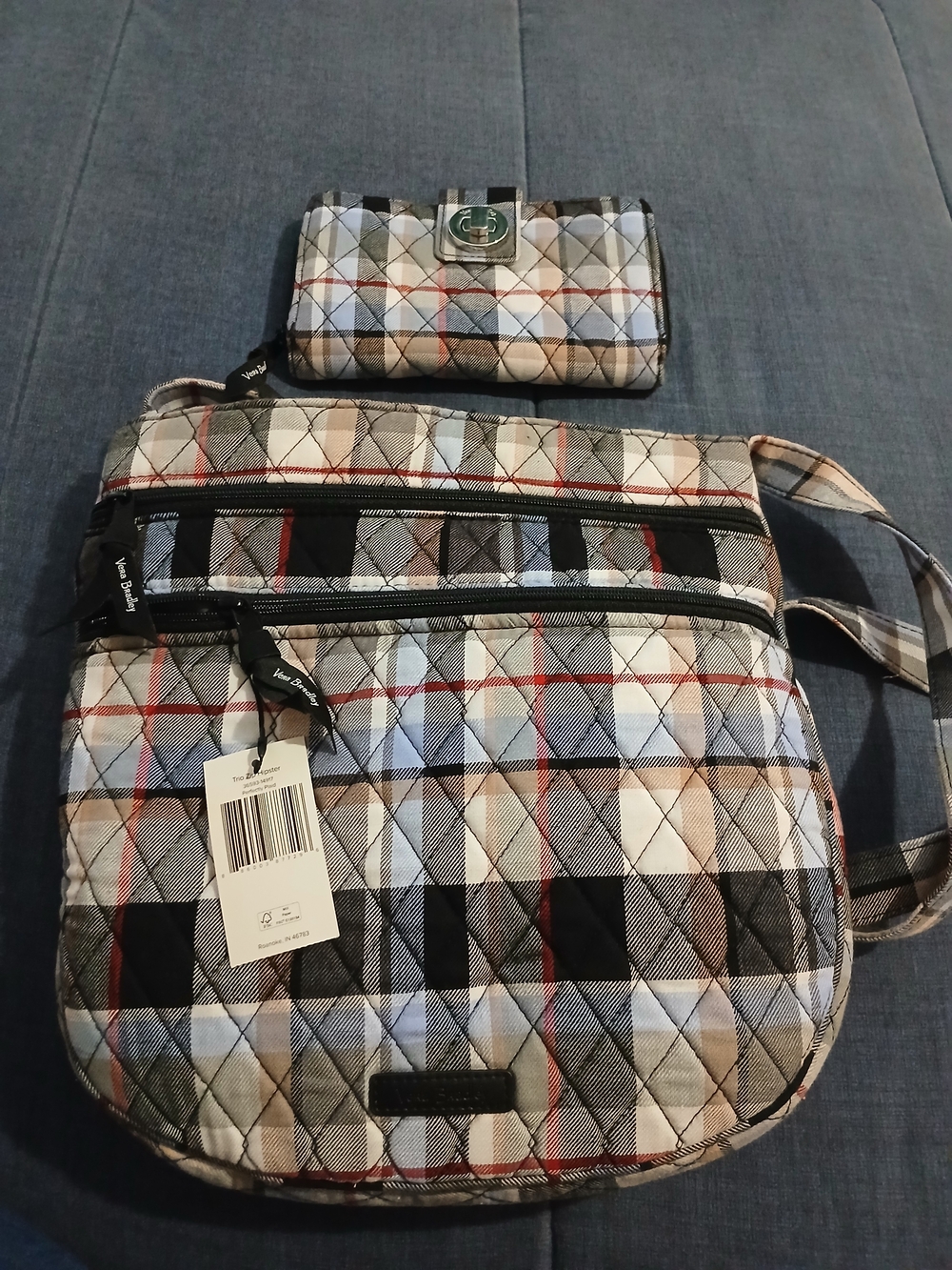 Vera Bradley Quilted Trio Zip Hipster in Black Plaid With Wallet NWT